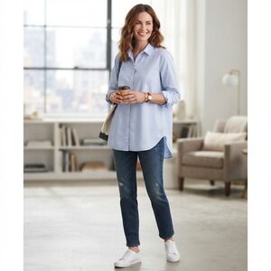 Eileen Fisher Blue White Organic Cotton Striped Button Up Shirt Large Oversized